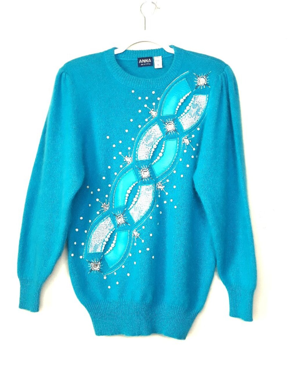 Angora Lambswool Crewneck Sweater Animal Print & Embellished Details Small